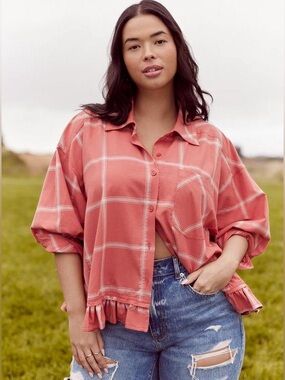 torrid Rose Plaid Ruffle-Hem Oversized Button Down Shirt NWT